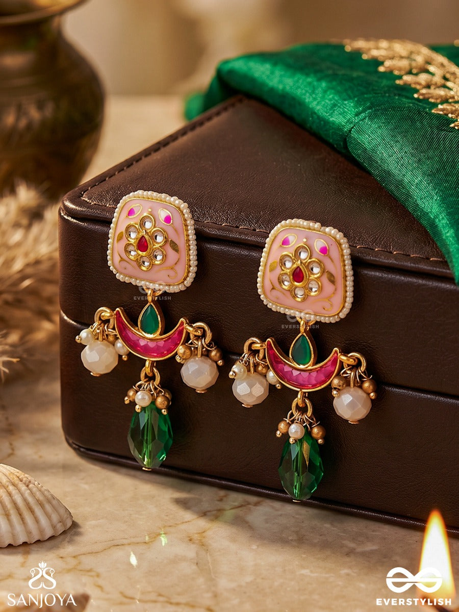 Varnashri - Colourful Grace - Pink Crescent Motif Earrings With Emerald Drop And Pearl Hangings