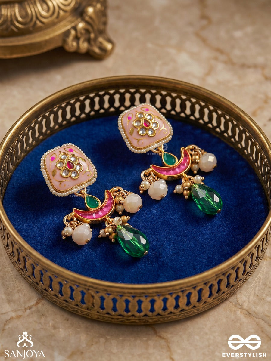 Varnashri - Colourful Grace - Pink Crescent Motif Earrings With Emerald Drop And Pearl Hangings