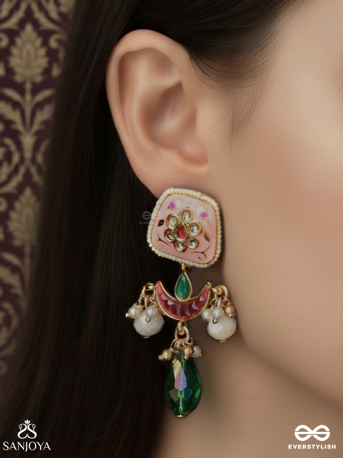 Varnashri - Colourful Grace - Pink Crescent Motif Earrings With Emerald Drop And Pearl Hangings