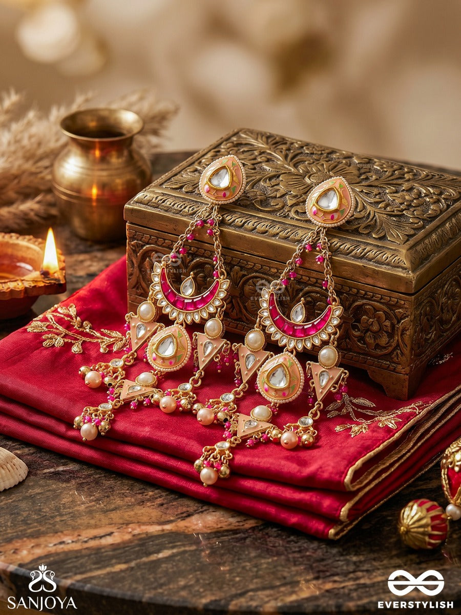 Rupanjali - Offering Of Beauty - Pink-Gold Multi-Tier Drop Earrings With Pearls And Crystal Motifs