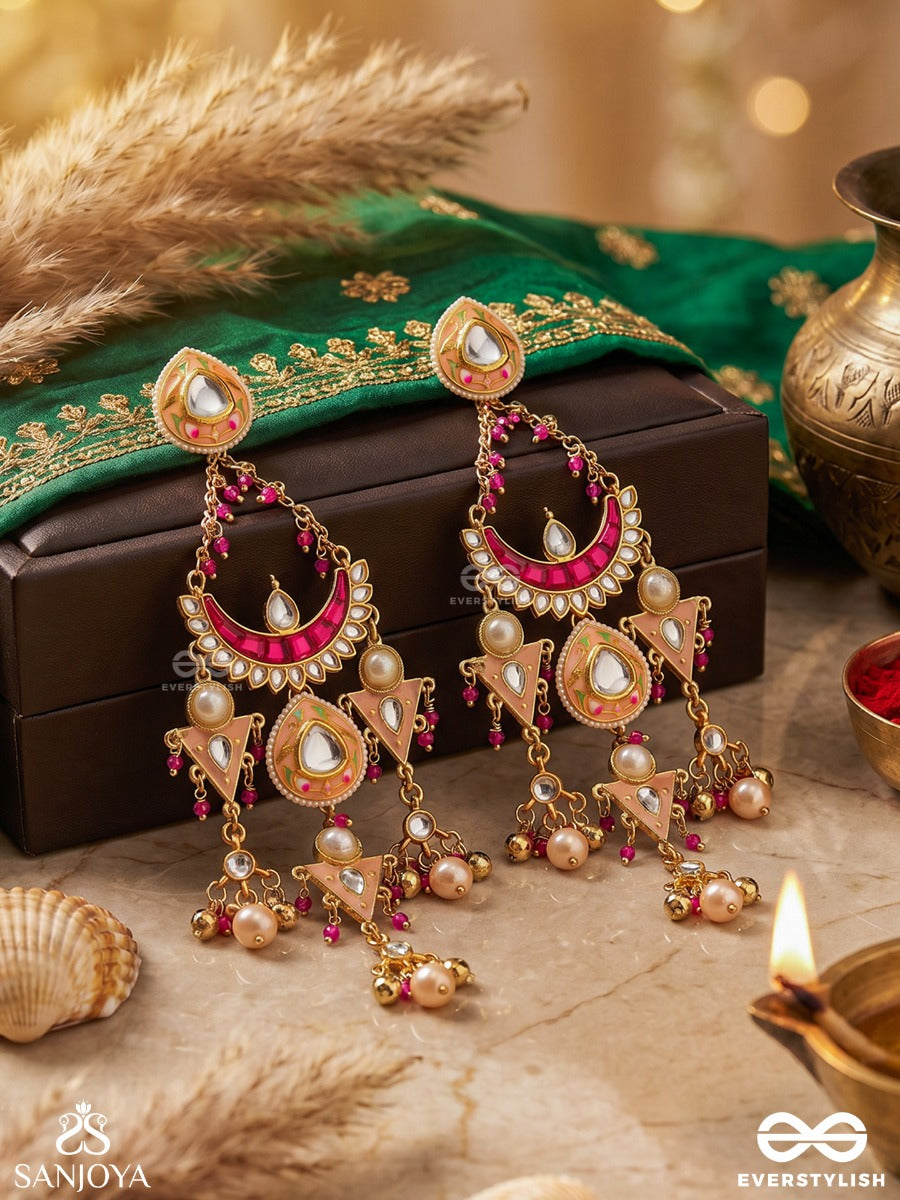 Kamalrenu - Offering Of Beauty - Pink-Gold Multi-Tier Drop Earrings With Pearls And Crystal Motifs