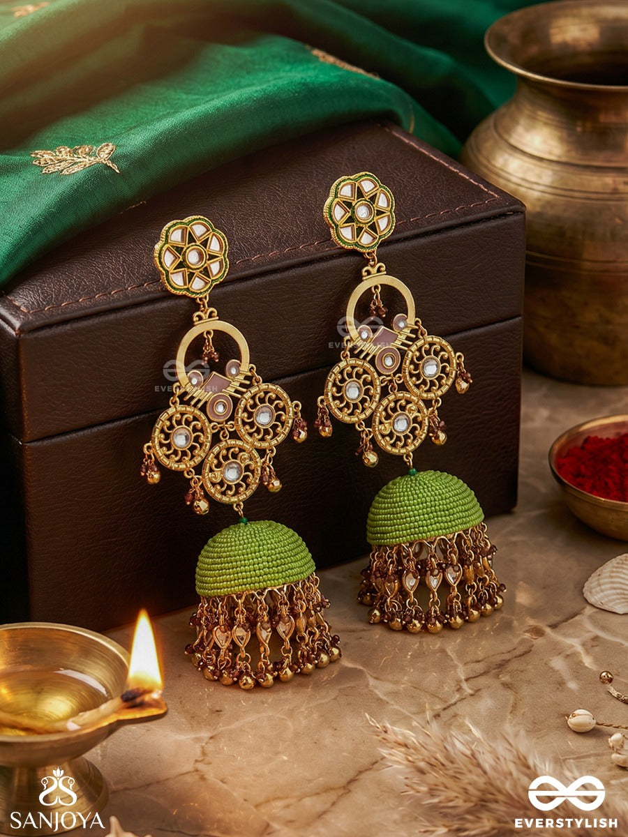 Kalanjali - Art Offering - Heritage Gold Mirror Drop Earrings With Bead Dome And Cluster Hangings