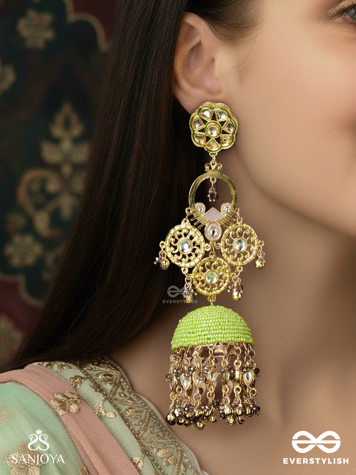 Kalanjali - Art Offering - Heritage Gold Mirror Drop Earrings With Bead Dome And Cluster Hangings