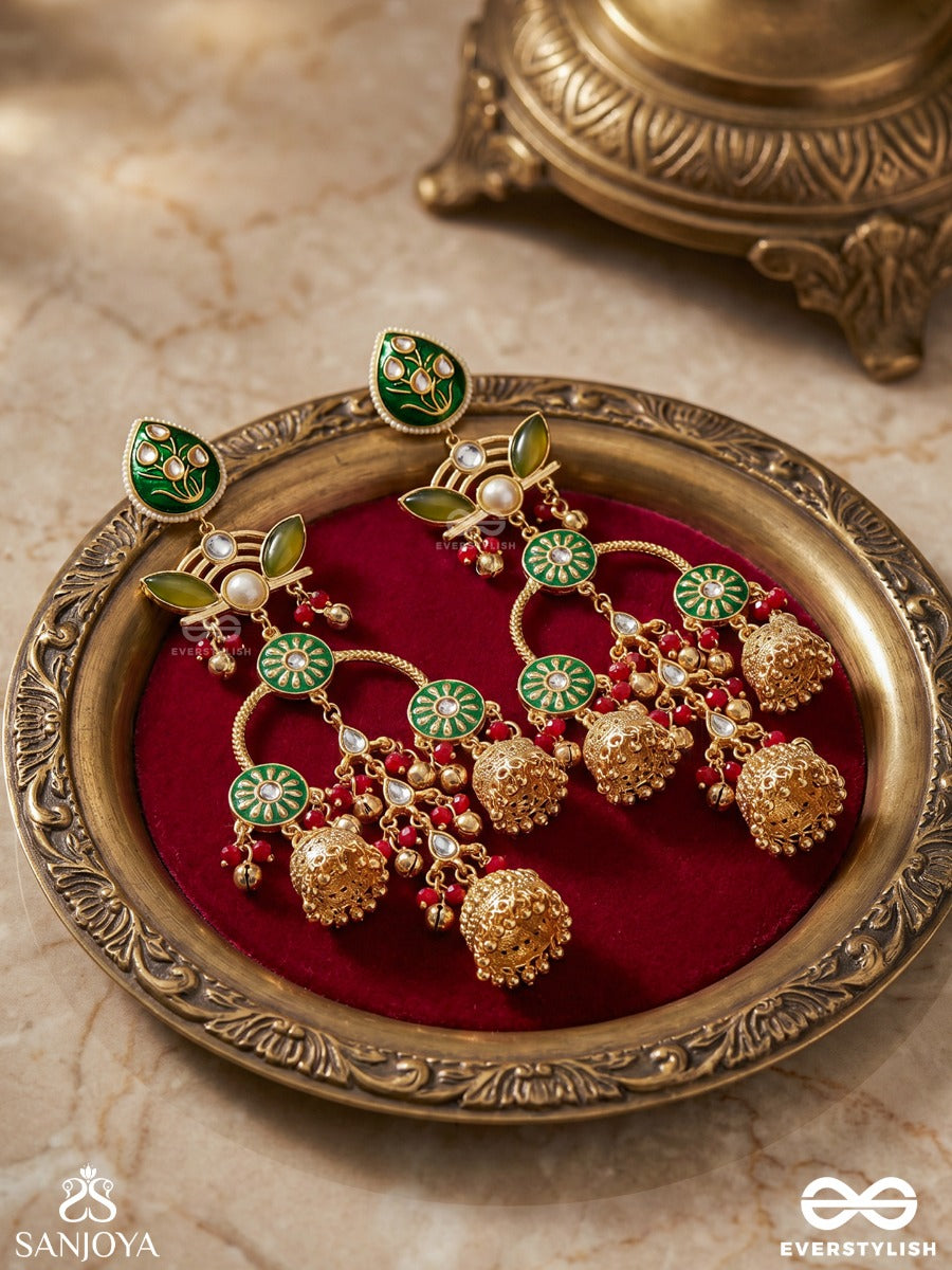 Prakalya - Pure Elegance - Artisanal Green Motif Drop Earrings With Red Accents And Gold Jhumka Chains