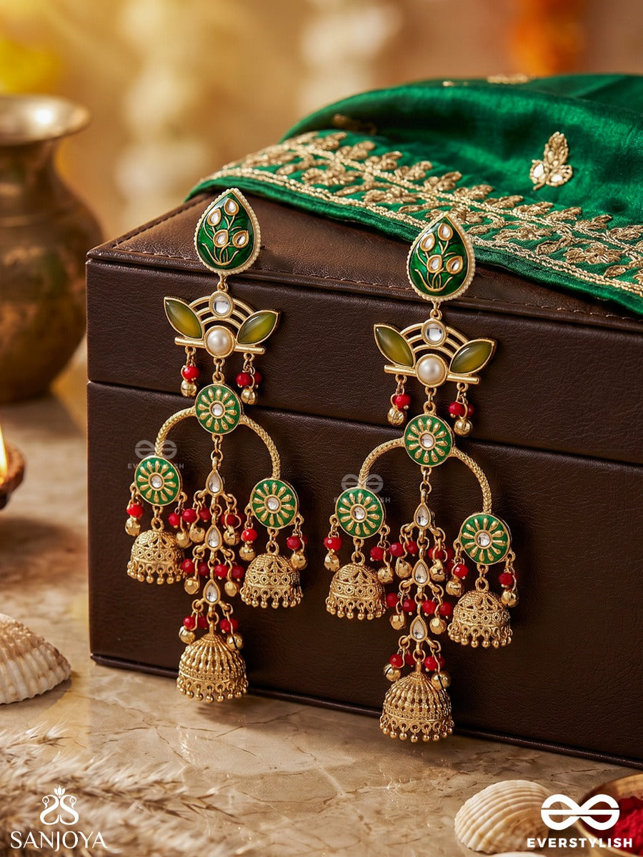 Prakalya - Pure Elegance - Artisanal Green Motif Drop Earrings With Red Accents And Gold Jhumka Chains