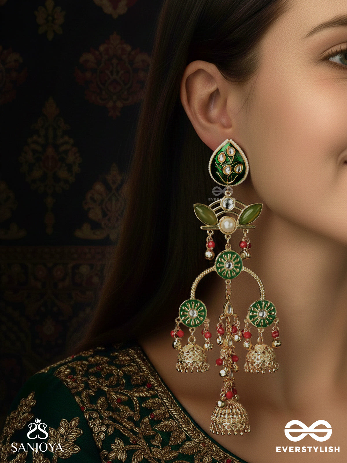Prakalya - Pure Elegance - Artisanal Green Motif Drop Earrings With Red Accents And Gold Jhumka Chains