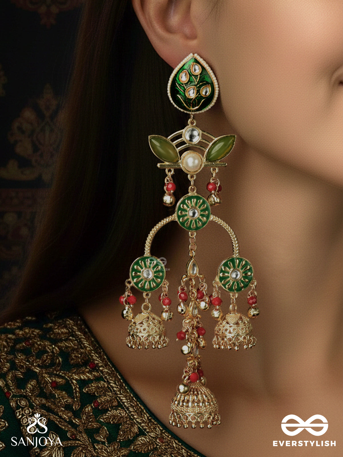 Prakalya - Pure Elegance - Artisanal Green Motif Drop Earrings With Red Accents And Gold Jhumka Chains