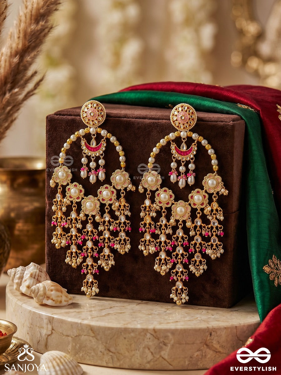 Kusumanjali - Offering Of Blooms - Multi-Tier Floral Pearl Earrings With Pink Bead Details