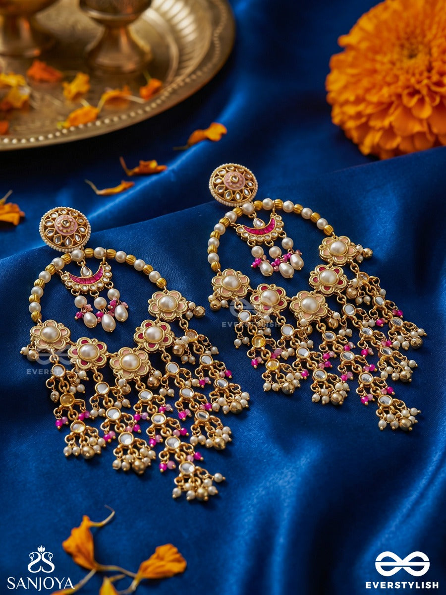Kusumanjali - Offering Of Blooms - Multi-Tier Floral Pearl Earrings With Pink Bead Details