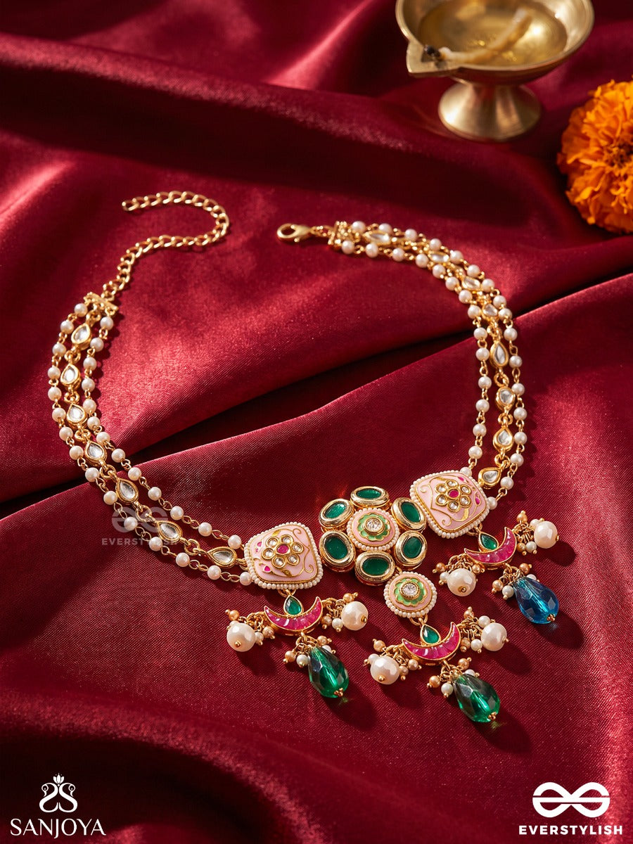 Suvarnalika - Golden Bloom - Ornate Pink-Pearl Chand Choker Necklace With Multiple Layers