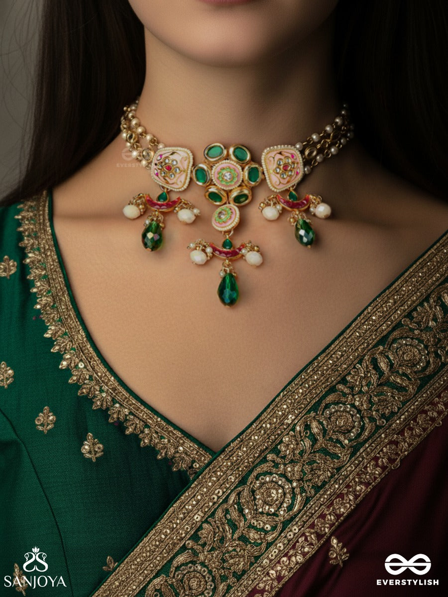 Suvarnalika - Golden Bloom - Ornate Pink-Pearl Chand Choker Necklace With Multiple Layers