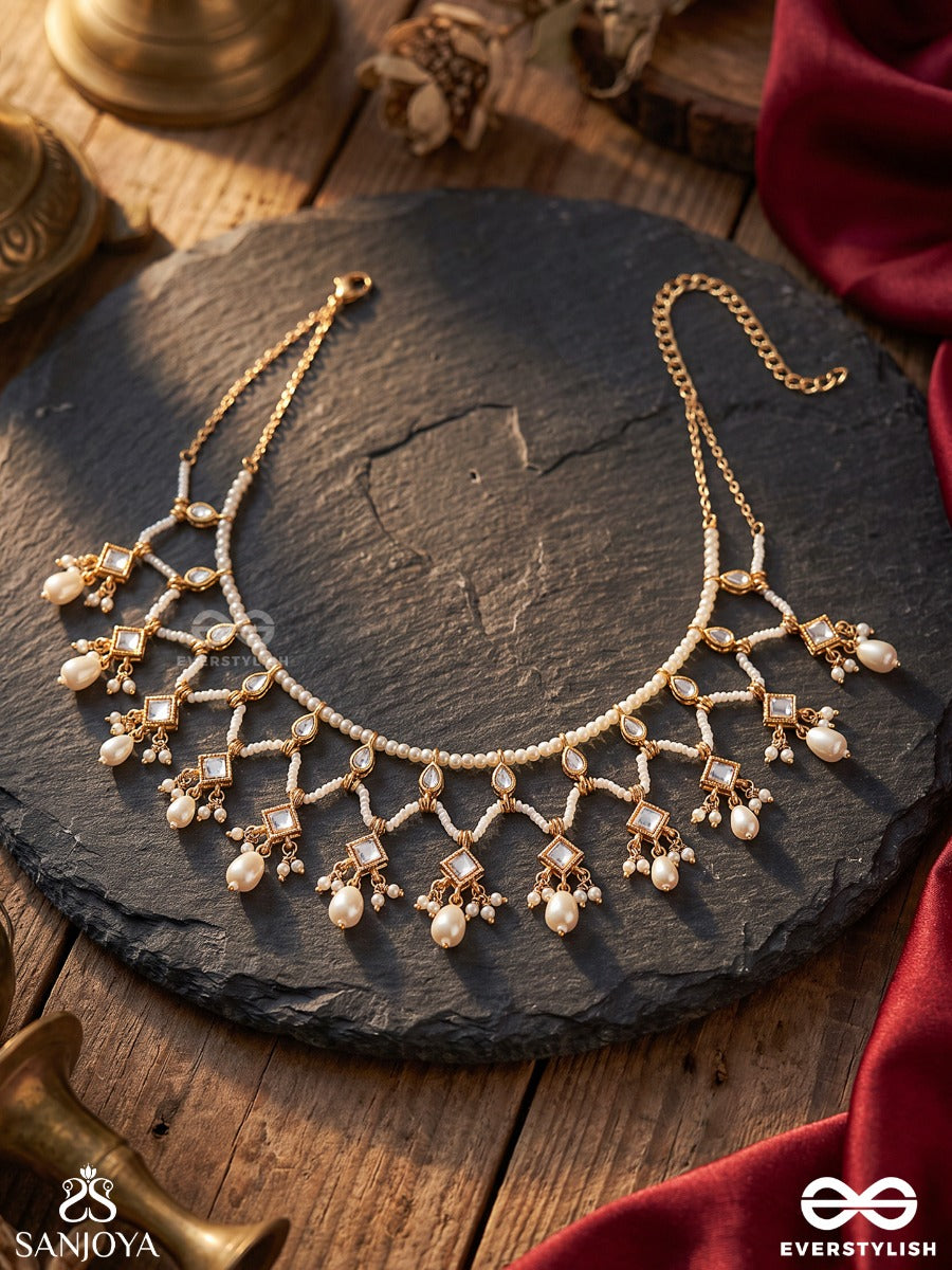 Ratnamanjari - Jewel Blossom - Pearl-Flower Choker Necklace With Pink Accents & Gold Hangings