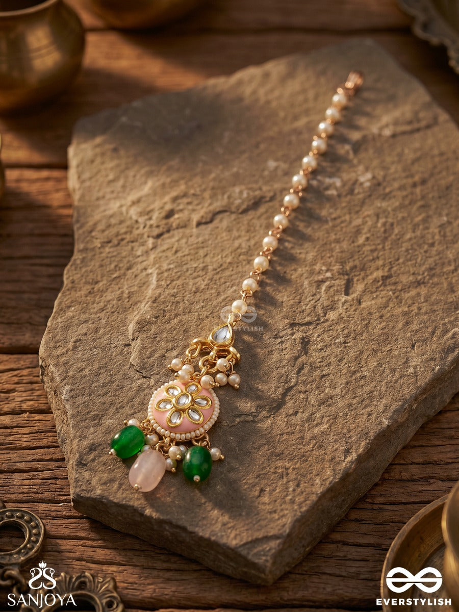 Somalika - Moon Bloom - Gold Maangtika With Pearl Drop And Emerald Bead Accents