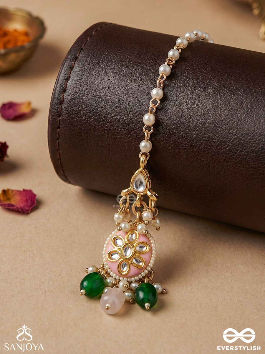 Somalika - Moon Bloom - Gold Maangtika With Pearl Drop And Emerald Bead Accents