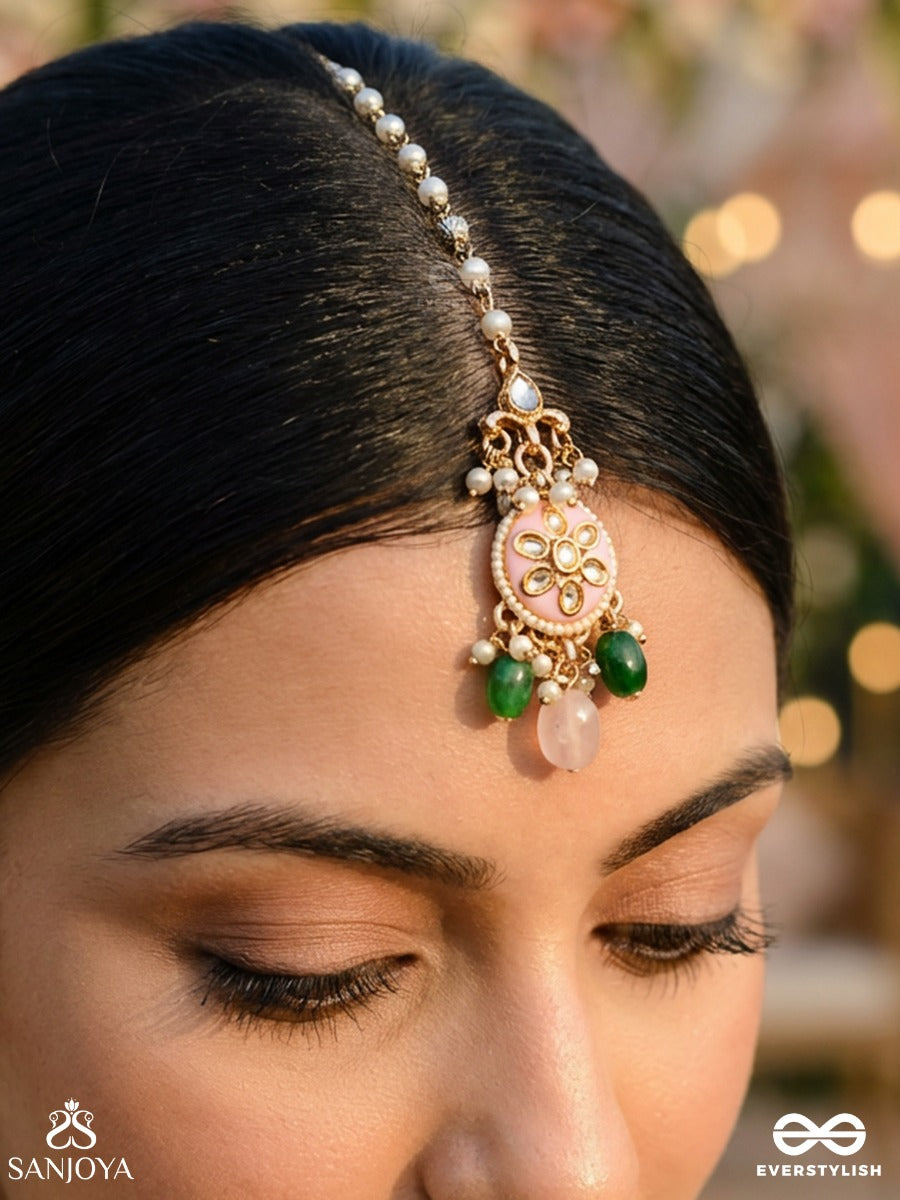 Somalika - Moon Bloom - Gold Maangtika With Pearl Drop And Emerald Bead Accents