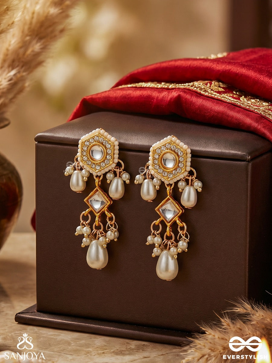 Madhupriya - Beloved Blossom - Ornate Golden Bloom Drop With Pearl Clusters Earrings
