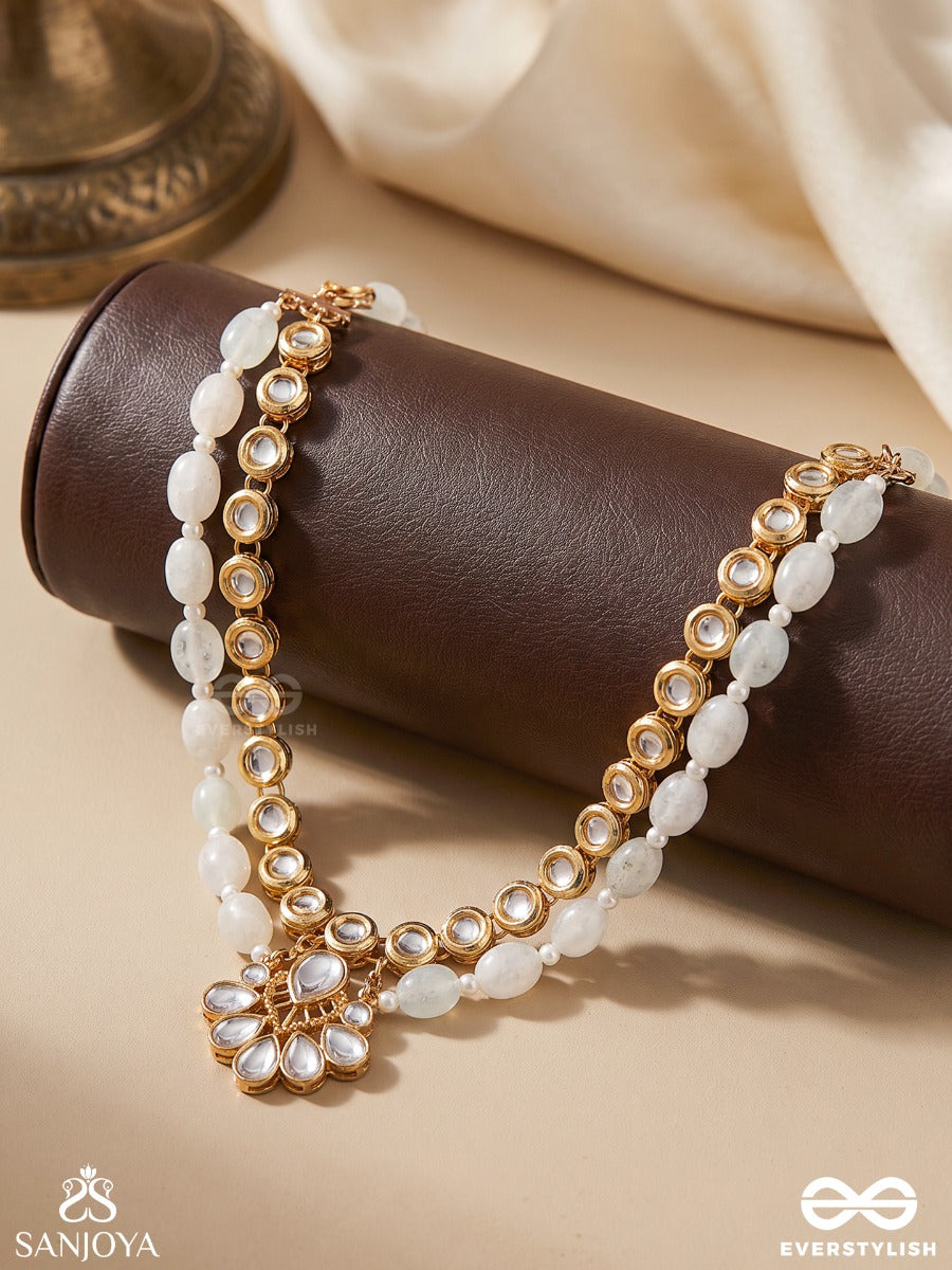 Nayanamrita - Eye Pleasing - Pearl-Green Beaded Choker Necklace With Dainty Kundan Lotus Drop