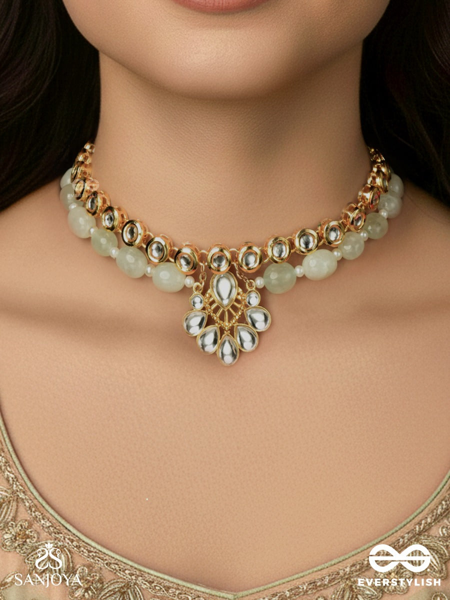Nayanamrita - Eye Pleasing - Pearl-Green Beaded Choker Necklace With Dainty Kundan Lotus Drop