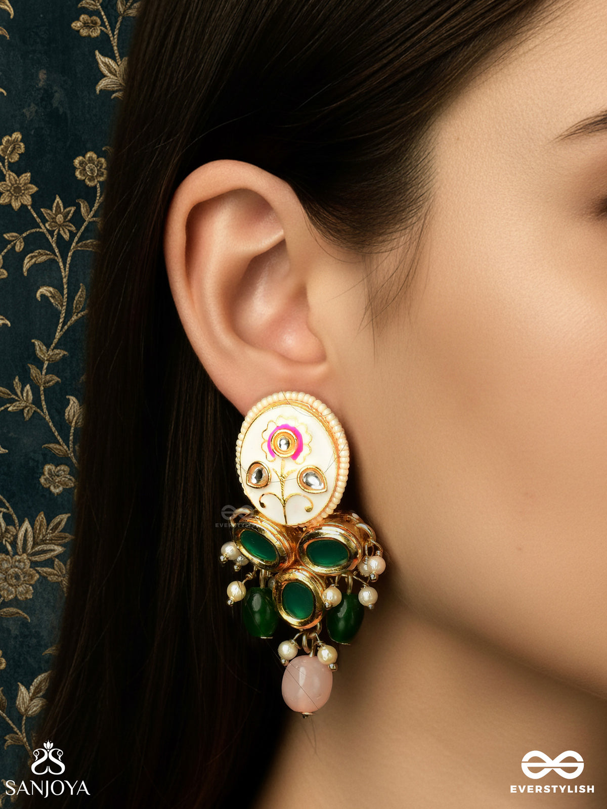 Kundanmala - Kundan Garland - Green Emerald-Clustered Gold Earrings With Pearl Drop