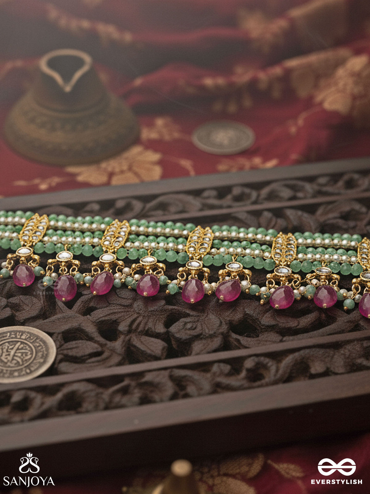 Tapanshri - Bright Ray - Gold Cutwork Motif With Reflective Stones And Pink Bead Choker Necklace