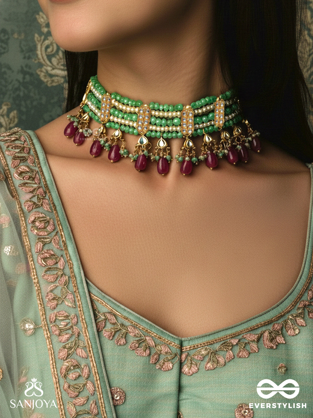 Tapanshri - Bright Ray - Gold Cutwork Motif With Reflective Stones And Pink Bead Choker Necklace