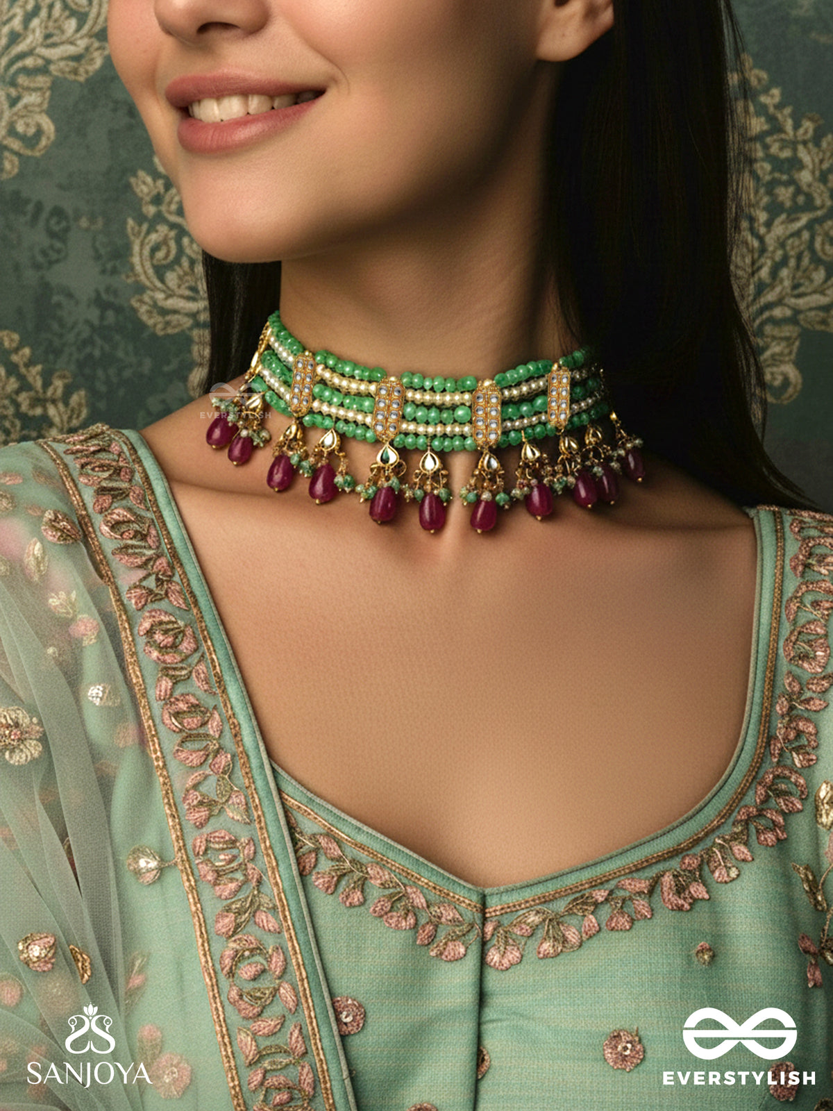 Tapanshri - Bright Ray - Gold Cutwork Motif With Reflective Stones And Pink Bead Choker Necklace