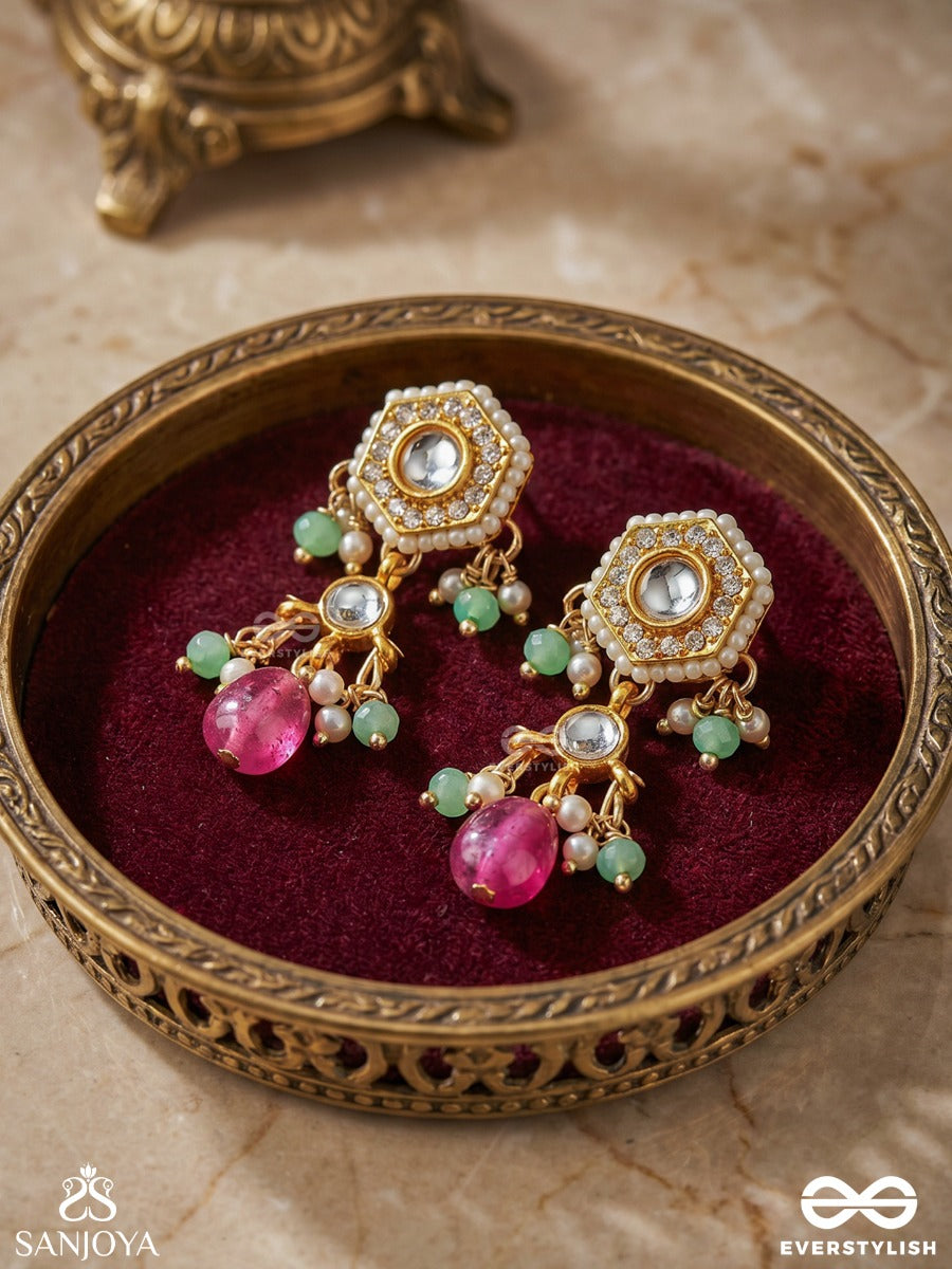 Tapanshri - Bright Ray - Gold Cutwork Motif With Reflective Stones And Pink Bead Earrings