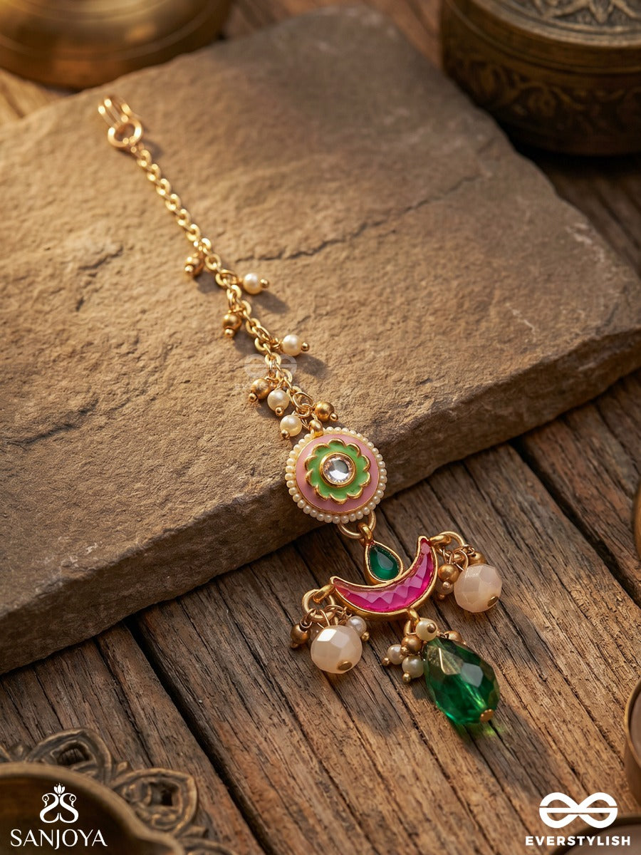 Suvarnalika - Golden Bloom - Ornate Pink-Pearl Chand Maangtika