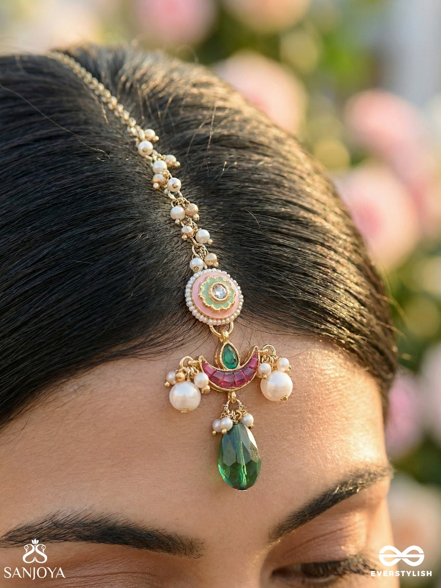 Suvarnalika - Golden Bloom - Ornate Pink-Pearl Chand Maangtika