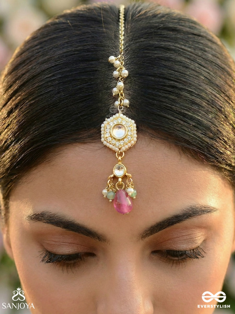 Tapanshri - Bright Ray - Gold Cutwork Motif With Reflective Stones And Pink Bead Maangtika