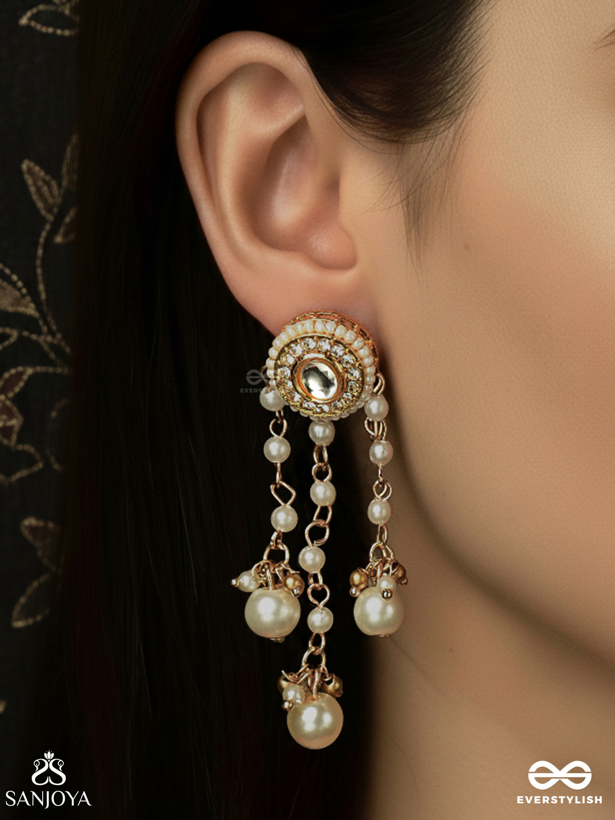 Muktavalli - String Of Pearls - Kundan Earrings With Multi Pearl Chains And Drops