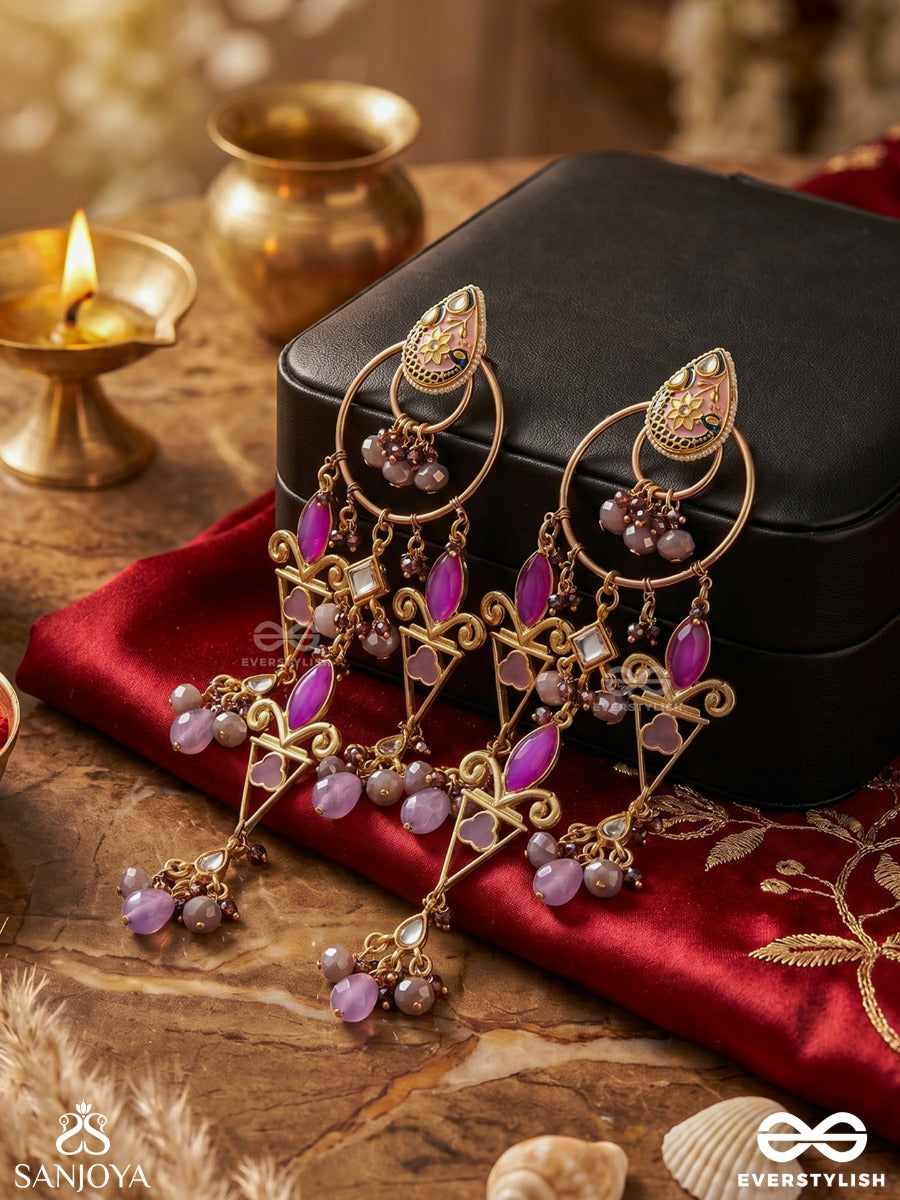 Rangvilasa - Cascade Of Jewels - Ornate Kundan Earrings With Purple Stones, Pearl Beads And Decorative Frames