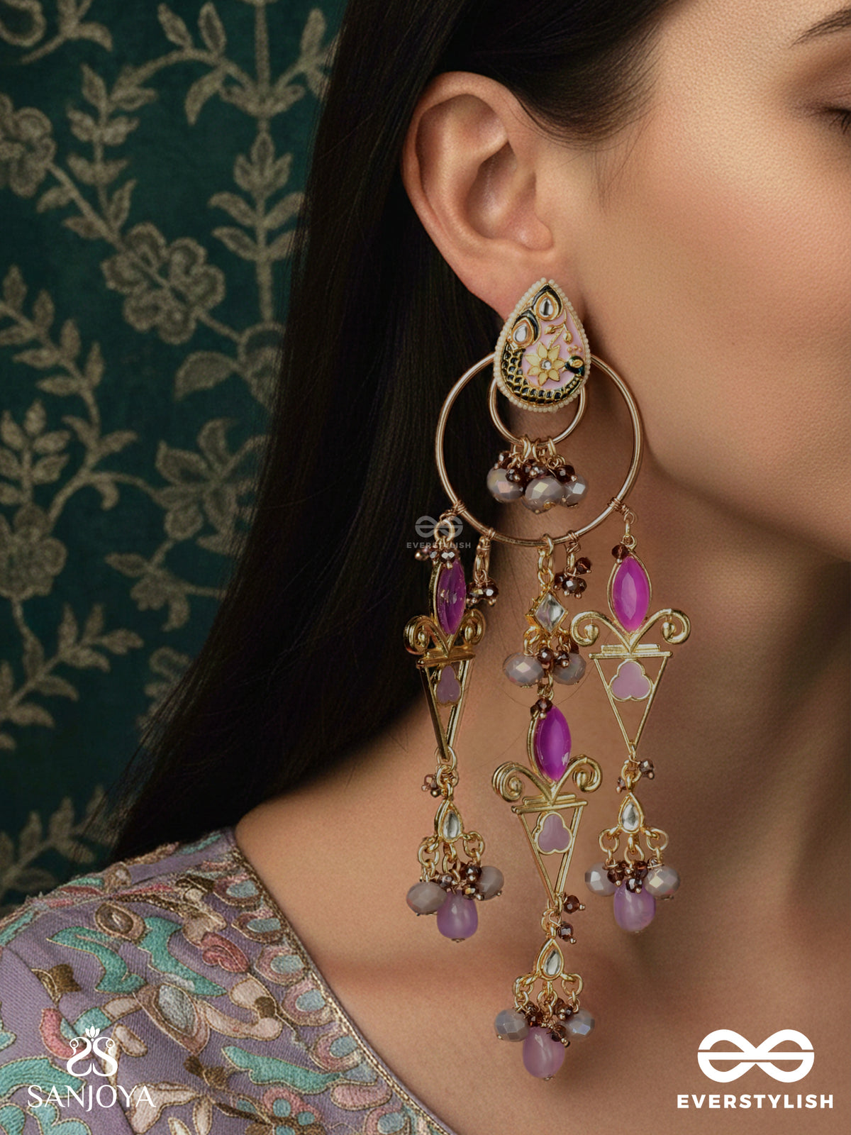 Rangvilasa - Cascade Of Jewels - Ornate Kundan Earrings With Purple Stones, Pearl Beads And Decorative Frames