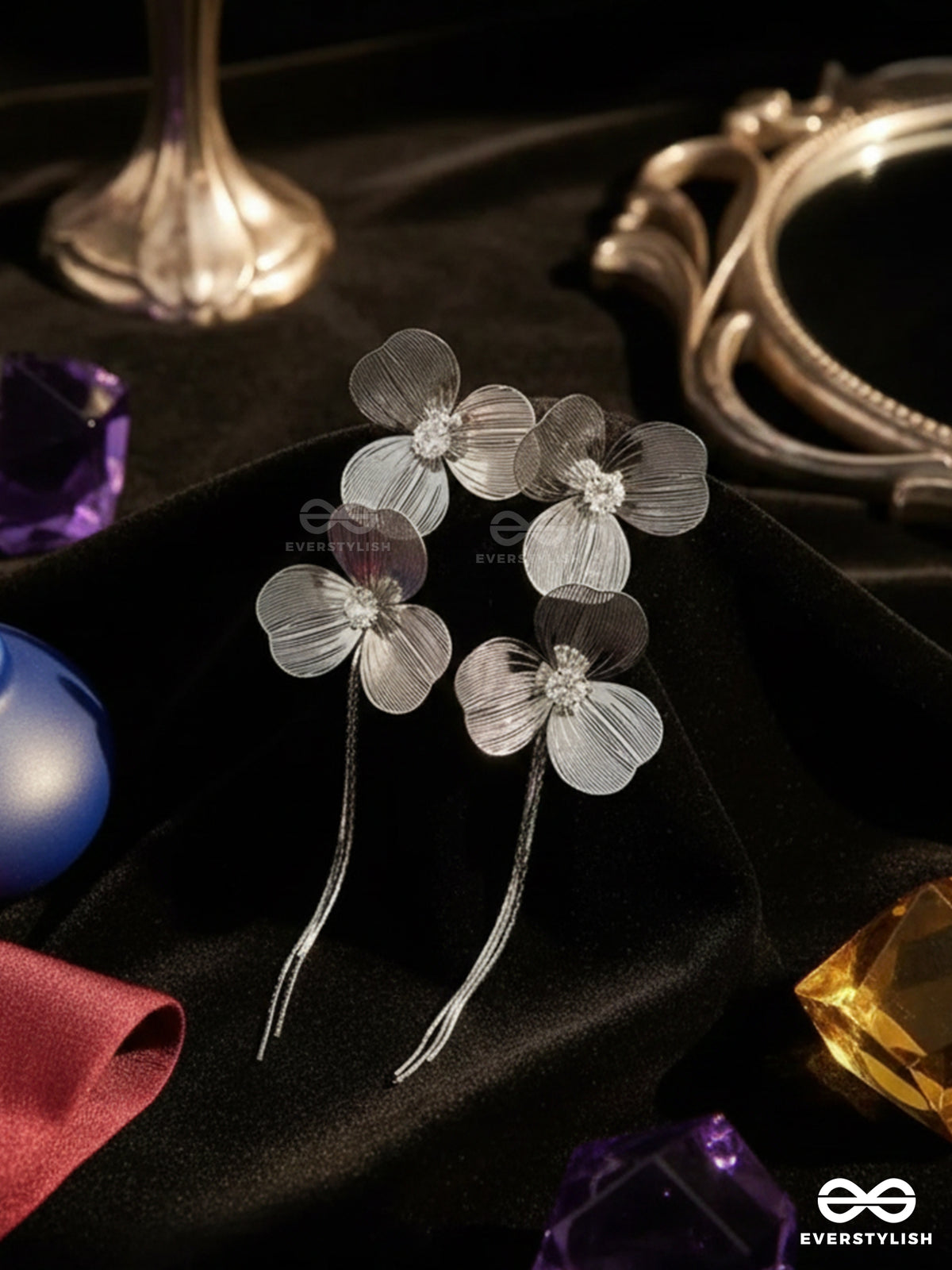 Petal Glide - Modern Silver Floral Fringe Earrings