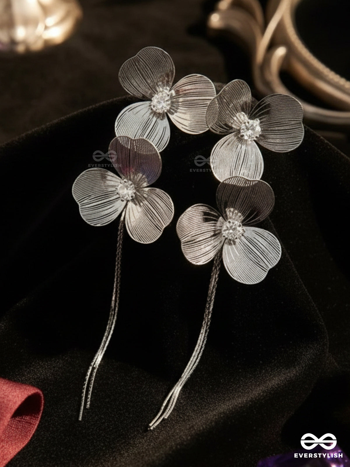 Petal Glide - Modern Silver Floral Fringe Earrings