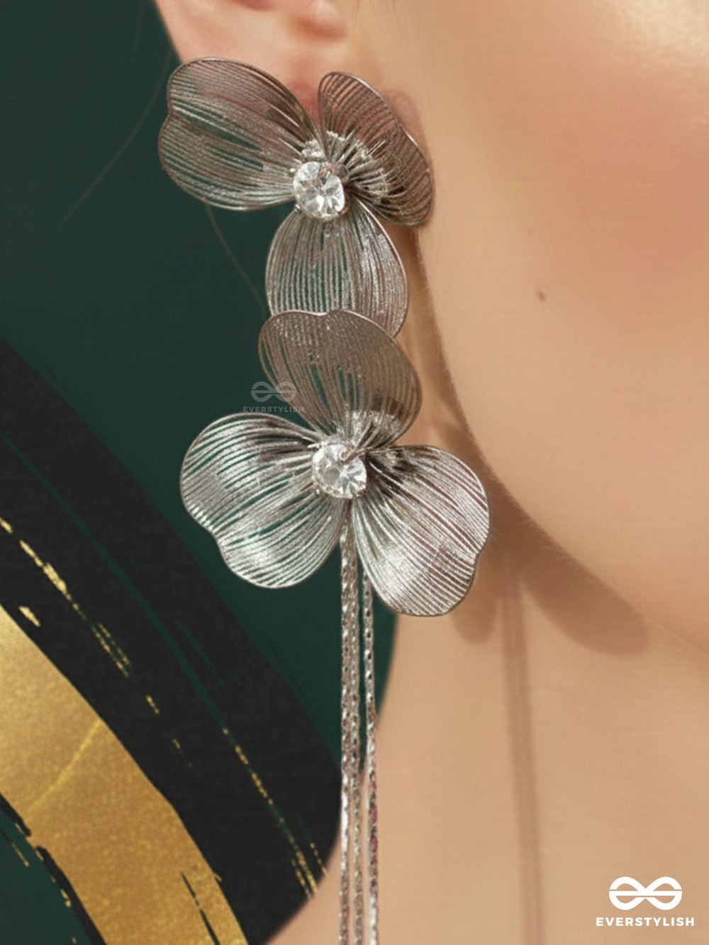 Petal Glide - Modern Silver Floral Fringe Earrings