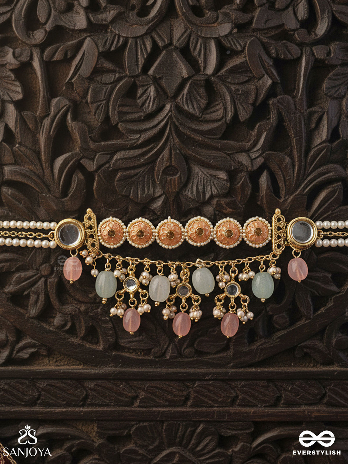Pankhuri - Delicate Petals - Kundan Choker Necklace With Pink And Mint Drop Details