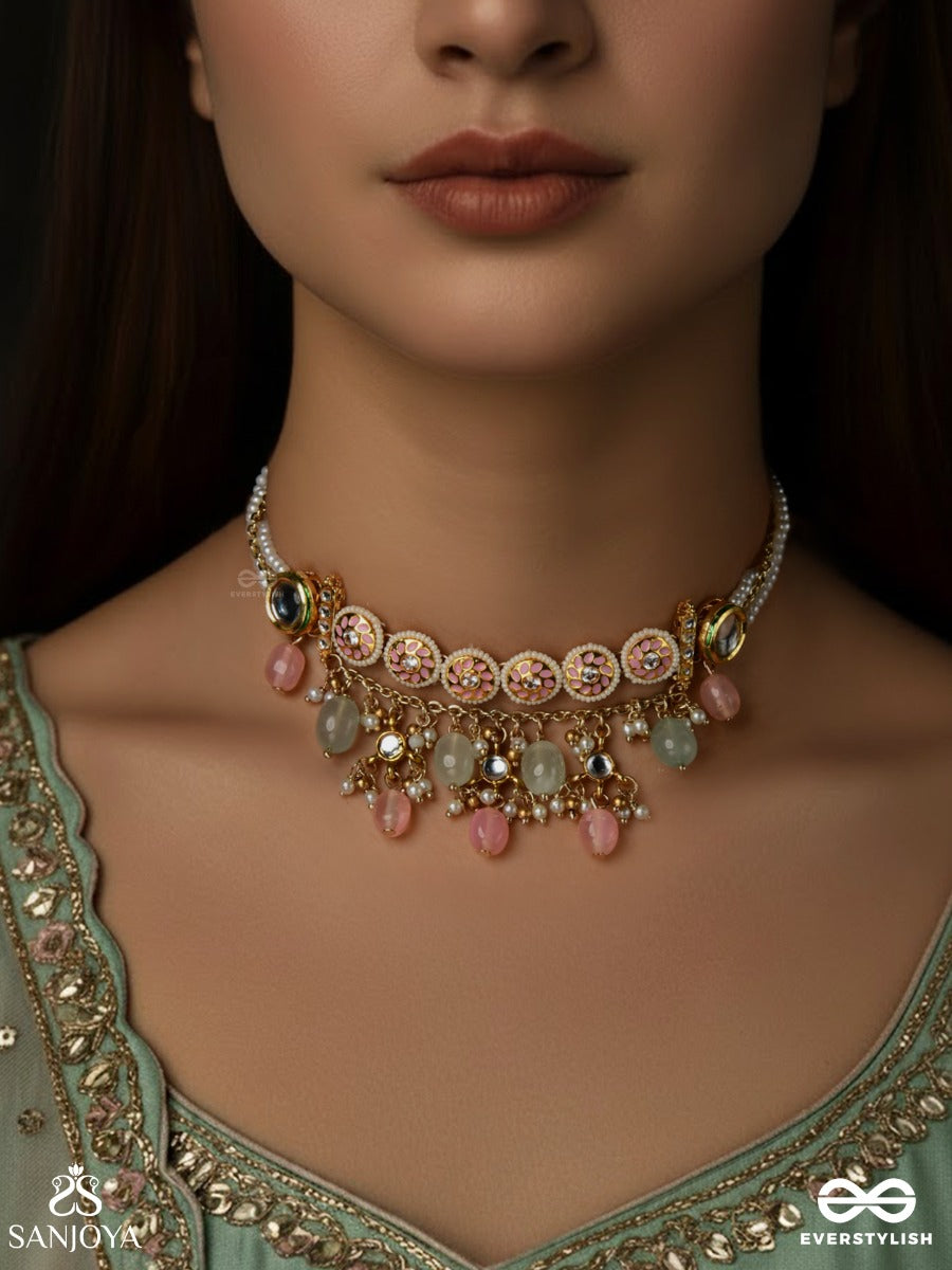 Pankhuri - Delicate Petals - Kundan Choker Necklace With Pink And Mint Drop Details