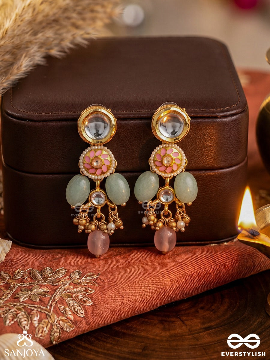 Pankhuri - Delicate Petals - Kundan Earrings With Pink And Mint Drop Details