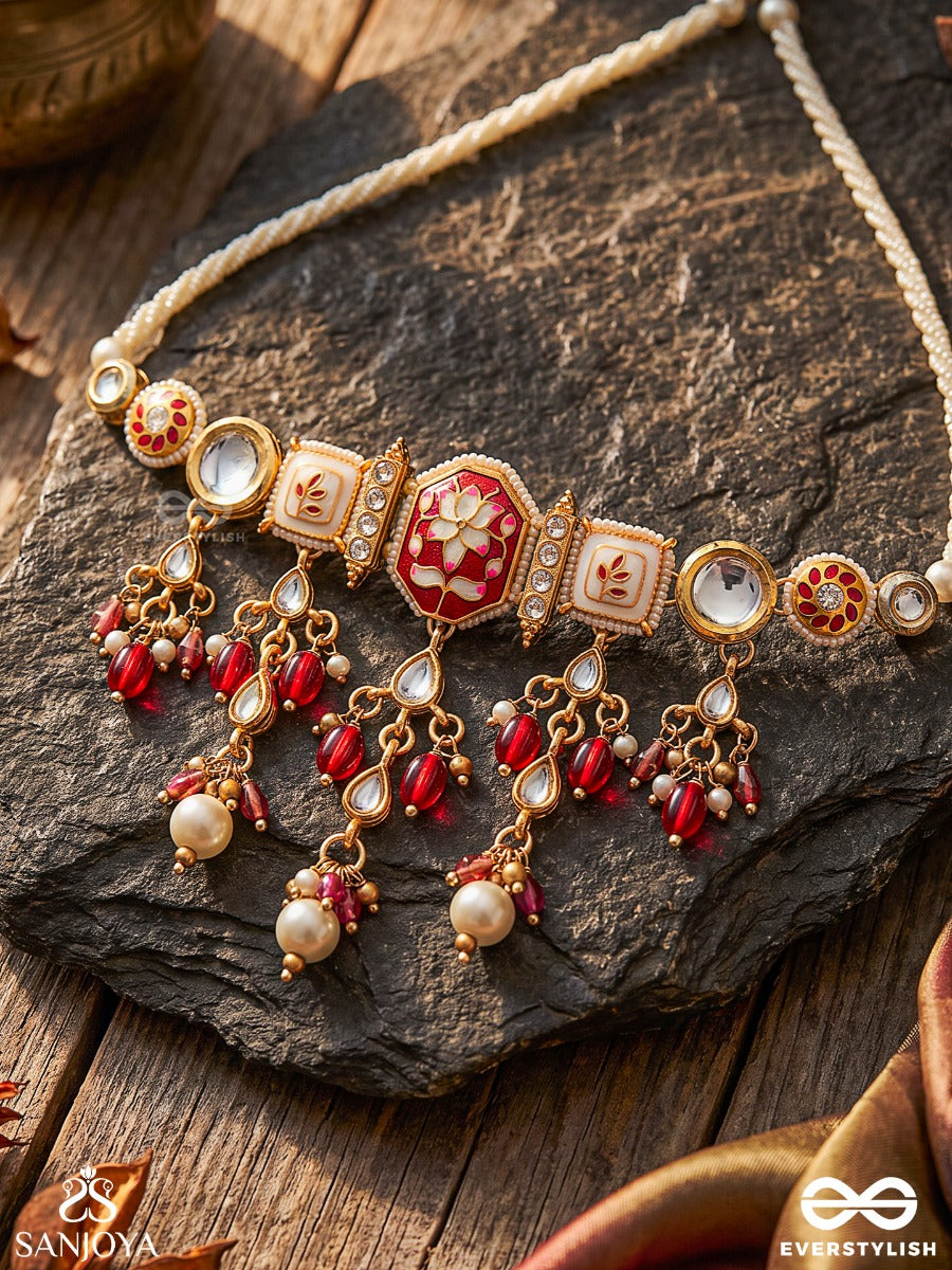Sindurima - Sacred Crimson Beauty - Traditional Kundan Choker Necklace With Red Accents And Pearl Hangings