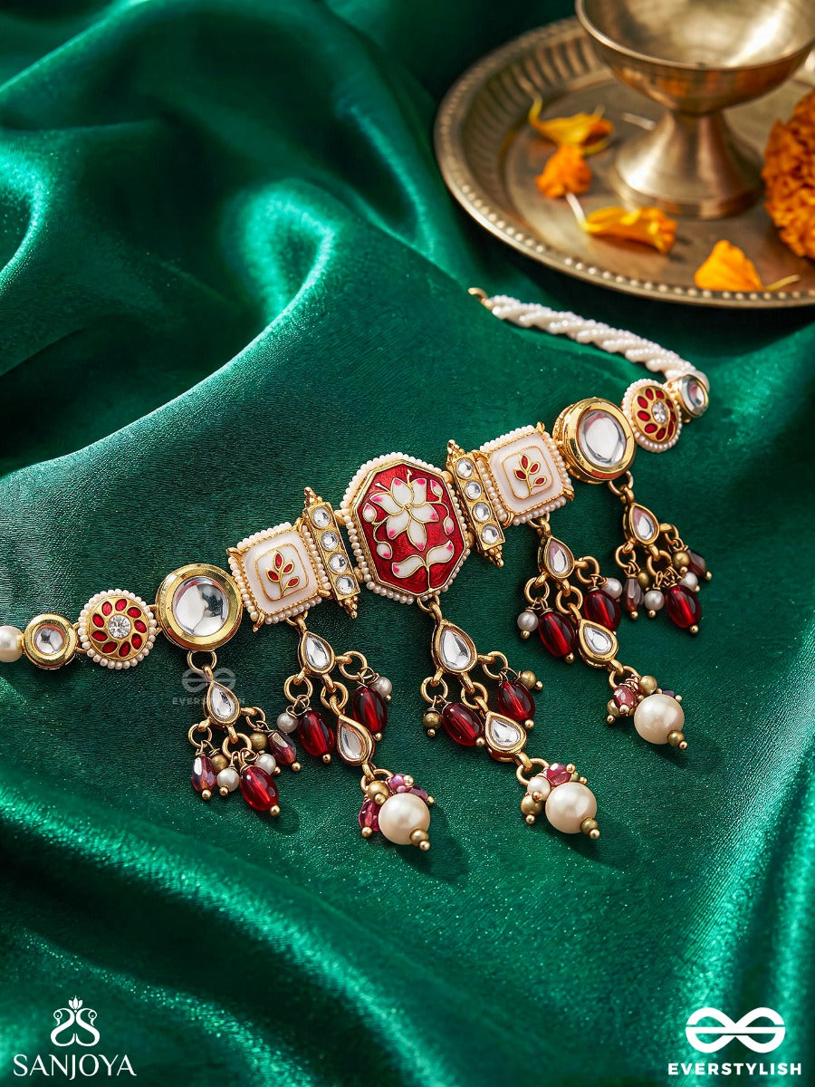 Sindurima - Sacred Crimson Beauty - Traditional Kundan Choker Necklace With Red Accents And Pearl Hangings