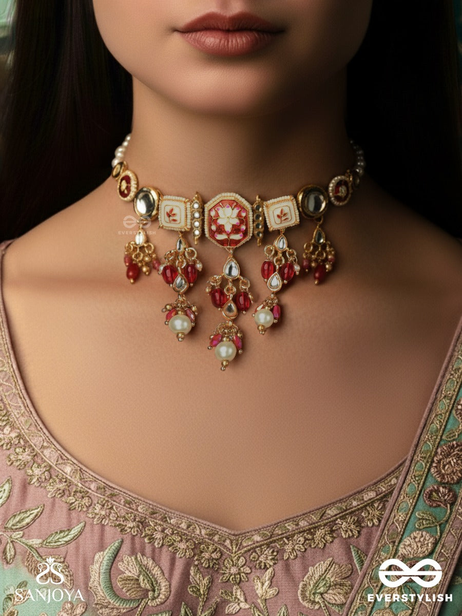 Sindurima - Sacred Crimson Beauty - Traditional Kundan Choker Necklace With Red Accents And Pearl Hangings