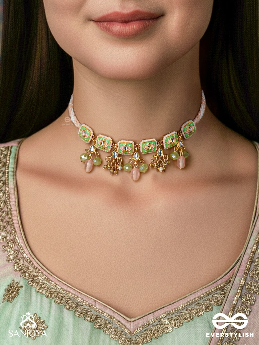Mridulika - Blossomed Grace - Lotus Motif Kundan Choker Necklace With Pastel Green Enamel, Pearl Clusters And Soft Pink Drops