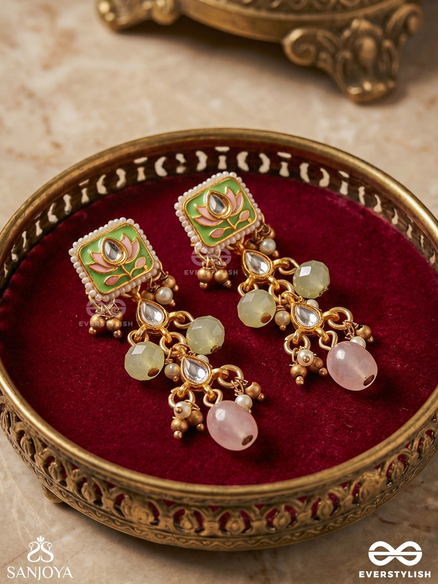 Mridulika - Blossomed Grace - Lotus Motif Kundan Earrings With Pastel Green Enamel, Pearl Clusters And Soft Pink Drops