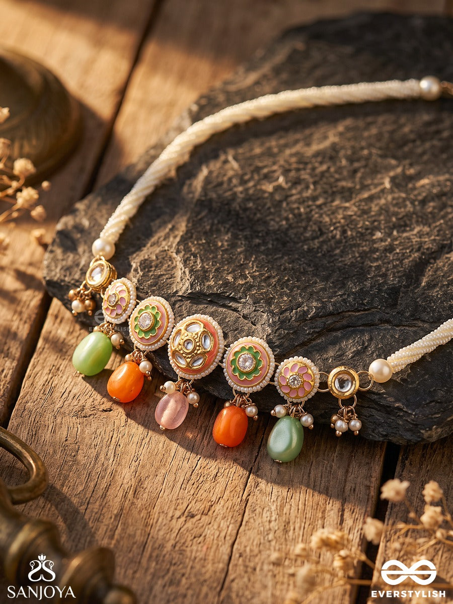 Varnakanti - Radiant Colours - Gold Kundan Choker Necklace With Multi-Toned Stone Drops