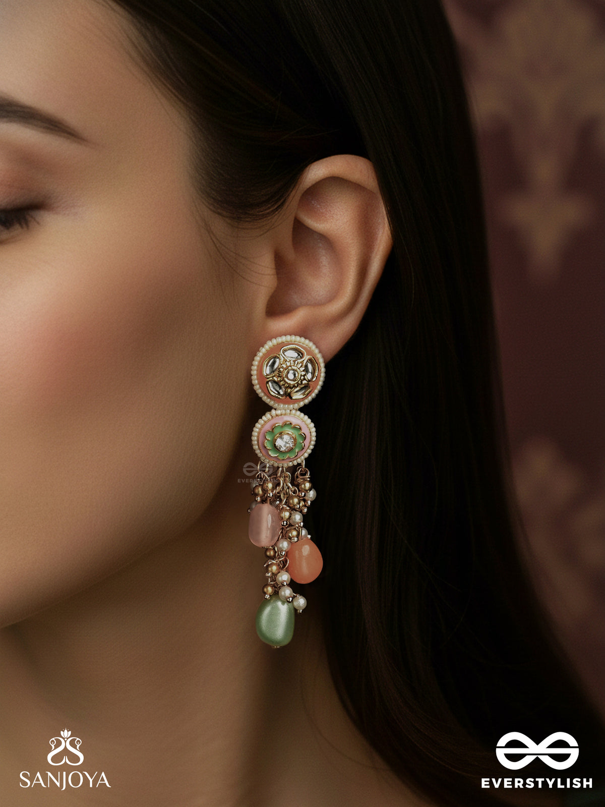 Varnakanti - Radiant Colours - Gold Kundan Earrings With Multi-Toned Stone Drops