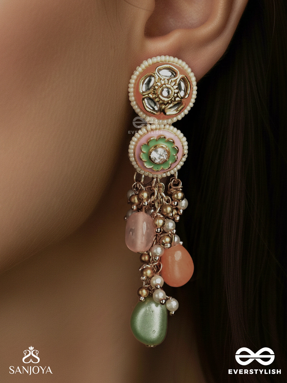 Varnakanti - Radiant Colours - Gold Kundan Earrings With Multi-Toned Stone Drops