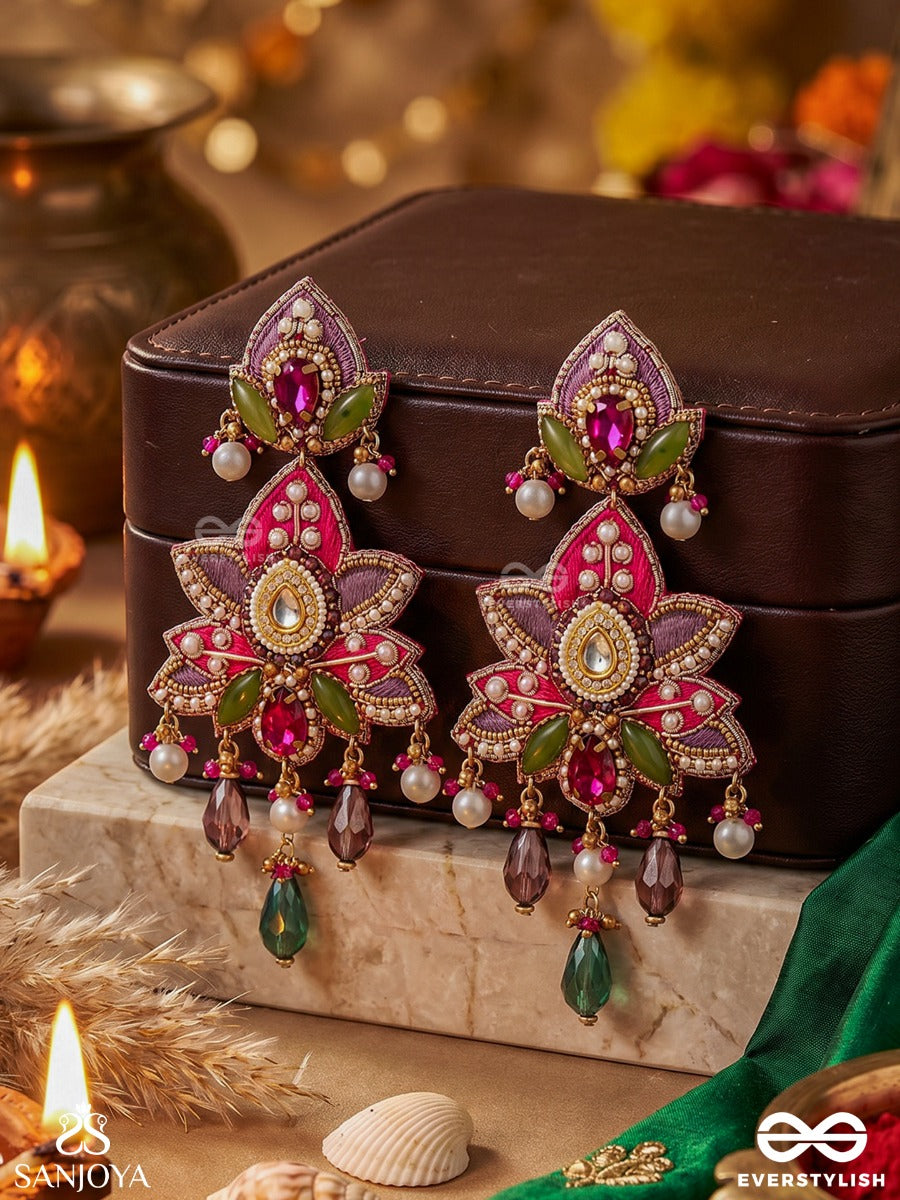 Kanakpushpa - Golden Bloom - Grand Floral Earrings With Ruby Petals And Gemmed Danglers