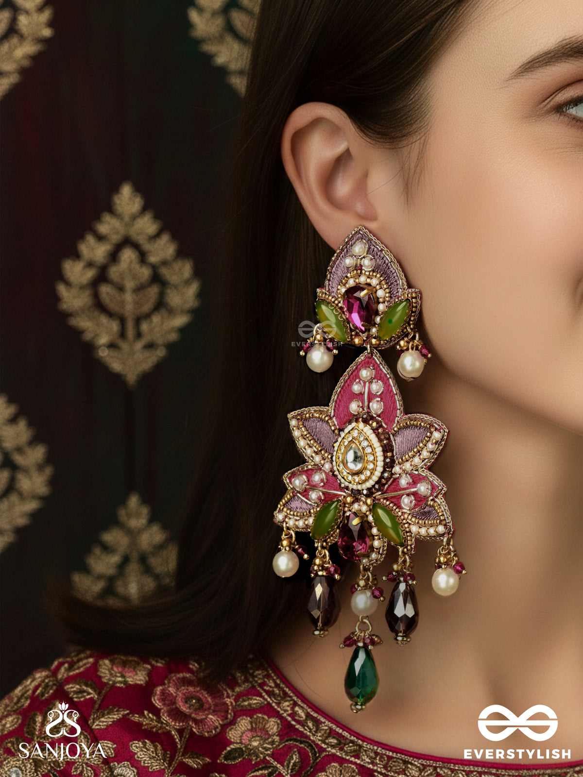Kanakpushpa - Golden Bloom - Grand Floral Earrings With Ruby Petals And Gemmed Danglers