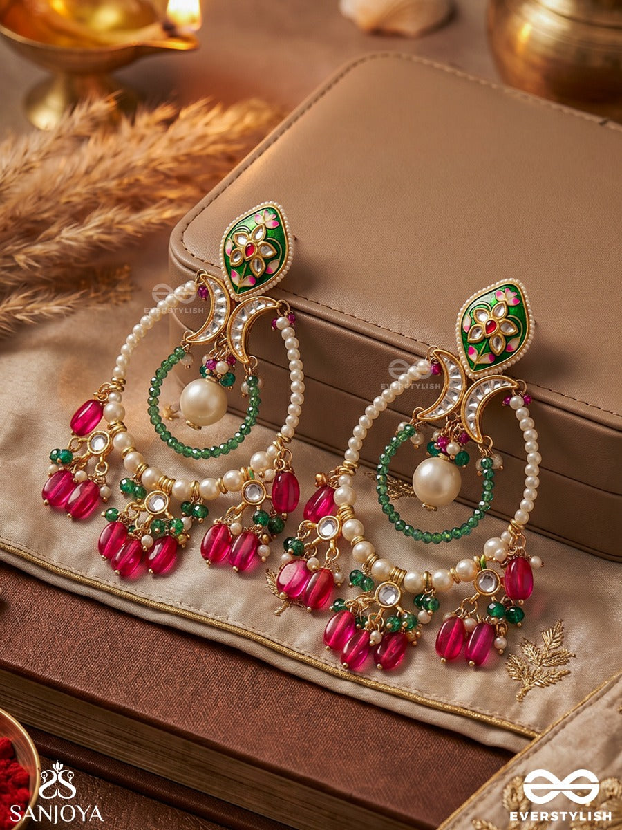 Alankrita - Ornamental Detail - Ornate Kundan Hoop Earrings With Floral Enamel Top, Pearl Circle And Coloured Drop Beads